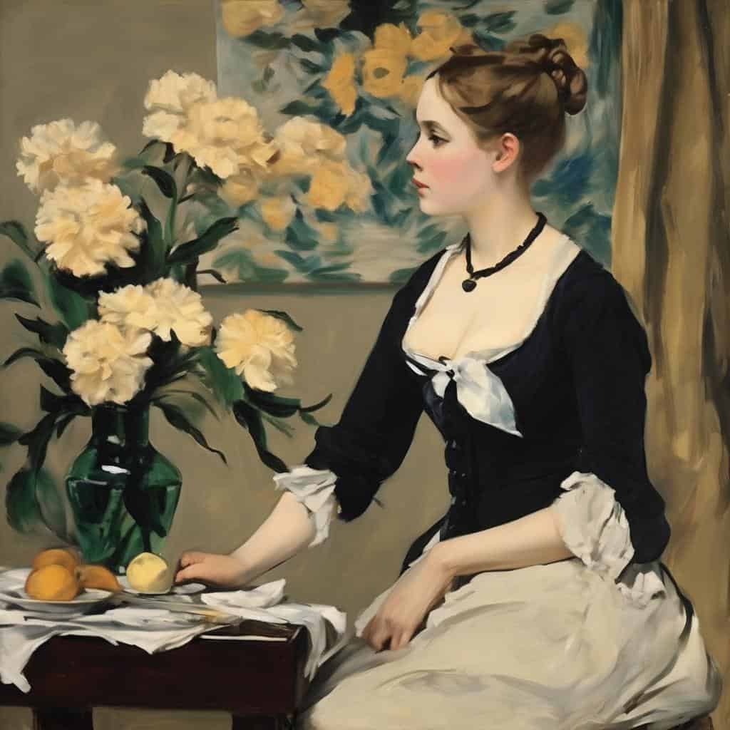 Ρεαλιστικός πίνακας με νέα γυναίκα σε εσωτερικό, λουλούδια και φρούτα, σε στυλ ζωγραφικής, αισθήση βάθους και προοπτικής.