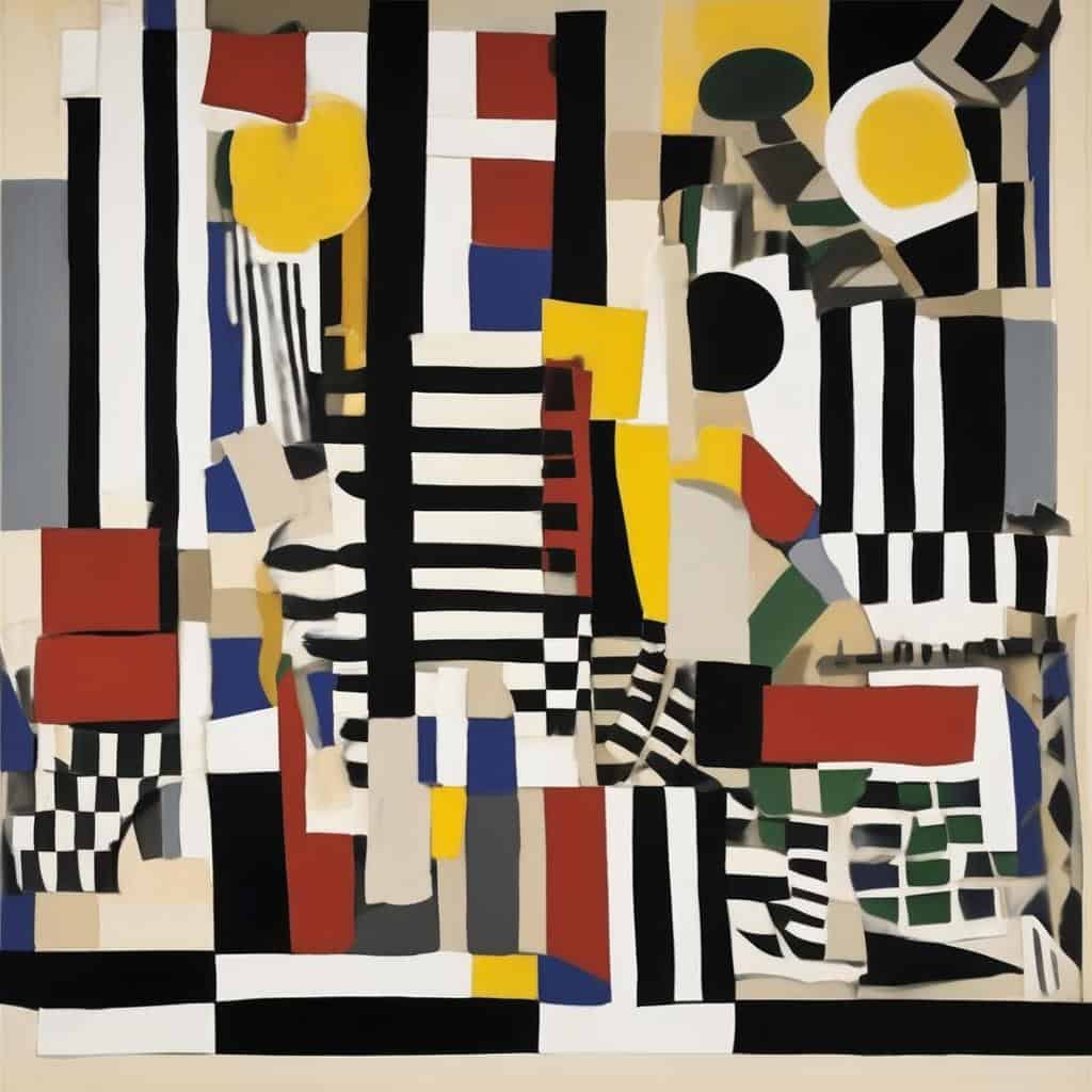 Ζωγραφικό πίνακα με γεωμετρικά σχήματα και έντονα χρώματα, δημιουργώντας αίσθηση βάθους και προοπτικής.