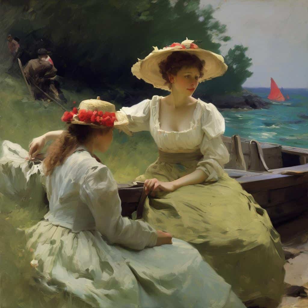 Ανθρώπινες μορφές σε παραλία με θάλασσα και βάρκα, ρεαλιστικό ζωγραφικό έργο σε ελαφριά φωτισμό.