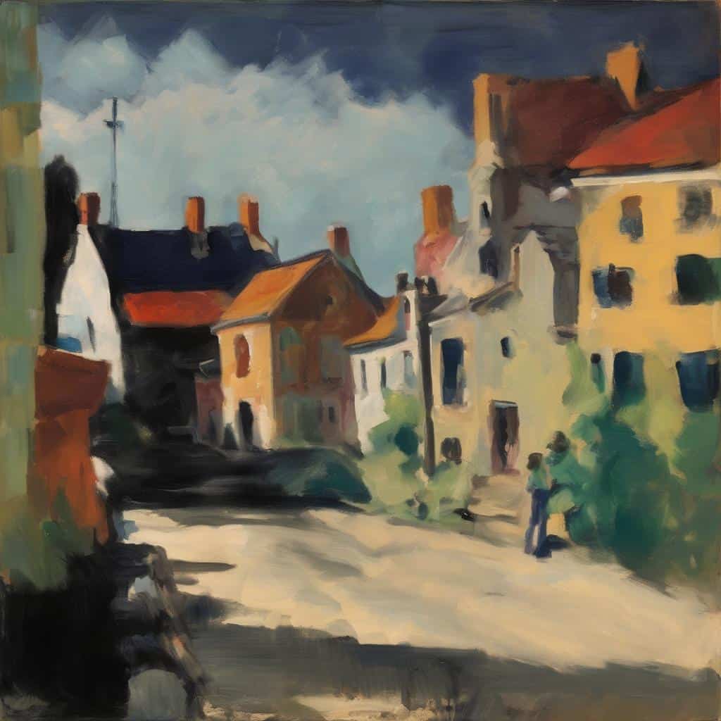 Παραδοσιακή πόλη, πλακόστρωτος δρόμος, πολύχρωμα σπίτια, ονειρική ατμόσφαιρα, καλλιτεχνική ζωγραφική με κακή προοπτική.