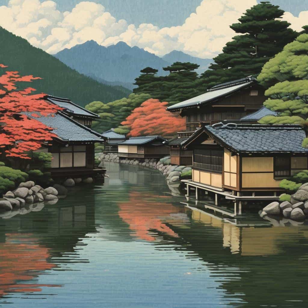 Ουράνιο τοπίο με παραδοσιακές ιαπωνικές κατοικίες και φύση.